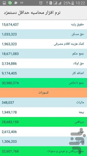 محاسبه دستمزد بر اساس قانون کار - عکس برنامه موبایلی اندروید