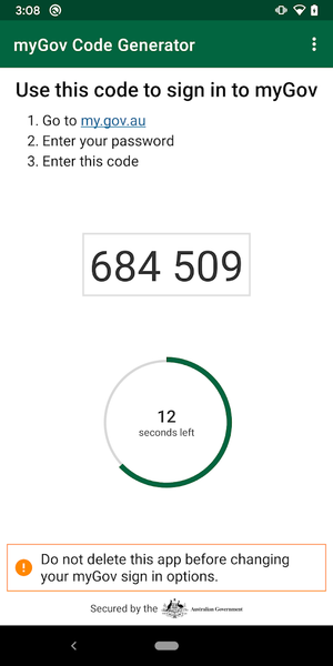 myGov Code Generator - Image screenshot of android app