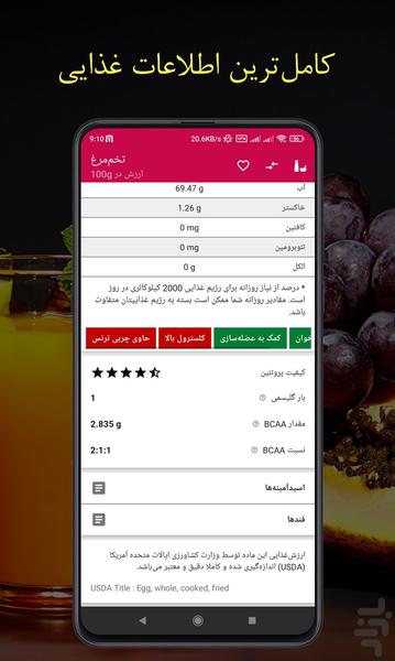 جدول ارزشغذایی (کالری، ویتامین...) - عکس برنامه موبایلی اندروید