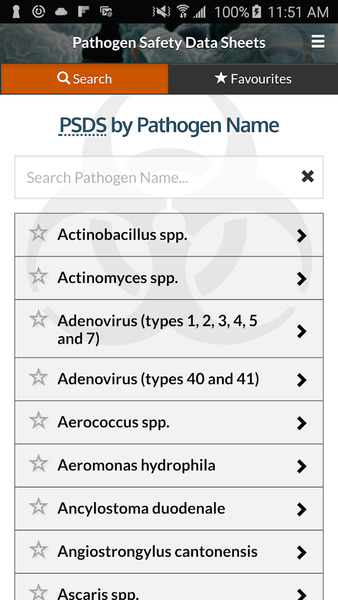 Pathogen Safety Data Sheets - Image screenshot of android app