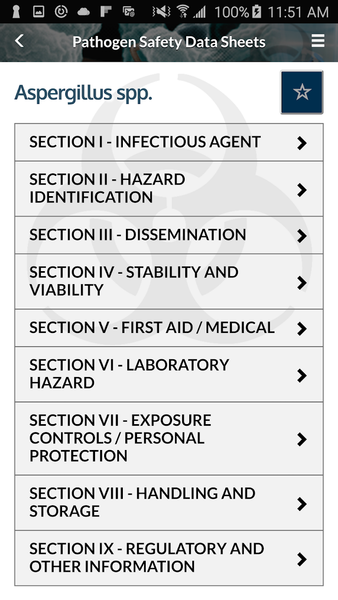 Pathogen Safety Data Sheets - Image screenshot of android app