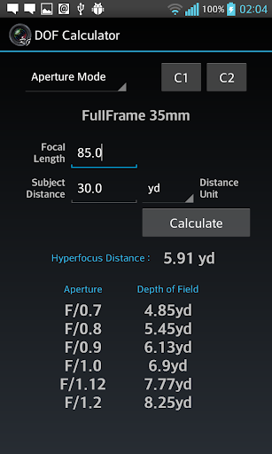DOF Calculator - Image screenshot of android app