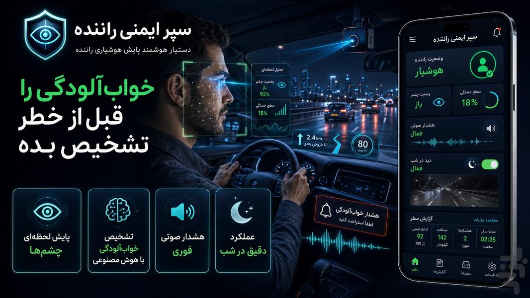 پایش هوشمند خواب آلودگی راننده - عکس برنامه موبایلی اندروید