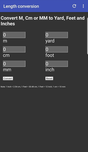 inch to cm mm feet yard km - Image screenshot of android app
