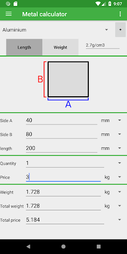 Metal weight calculator - Image screenshot of android app