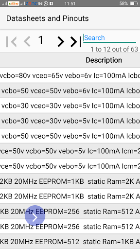 Datasheet and Pinouts - Image screenshot of android app