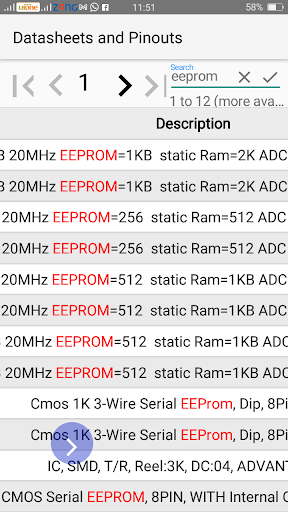 Datasheet and Pinouts - Image screenshot of android app