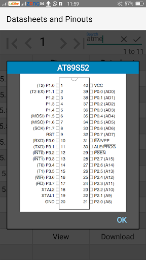 Datasheet and Pinouts - Image screenshot of android app