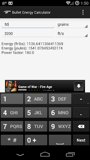 Bullet Energy Calculator - Image screenshot of android app