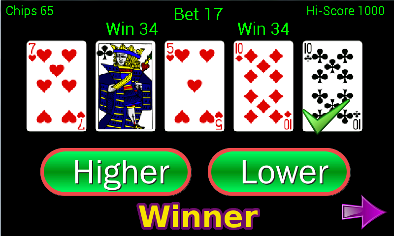 Higher or Lower card game - Gameplay image of android game