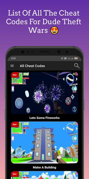 Dude Theft Wars, Cheat Codes - Image screenshot of android app