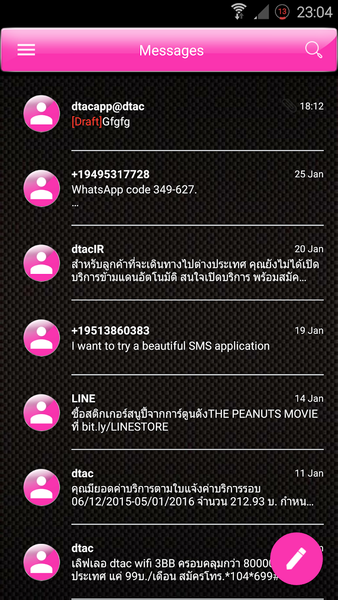 SMS Messages Gloss Pink Theme - Image screenshot of android app