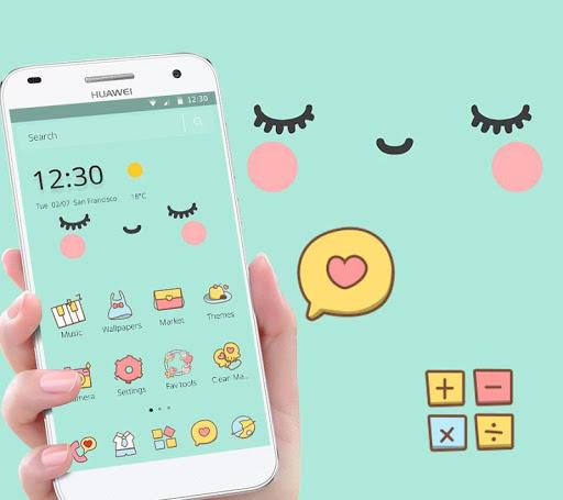 Blue Cute Cartoon Sweet Face Theme - Image screenshot of android app