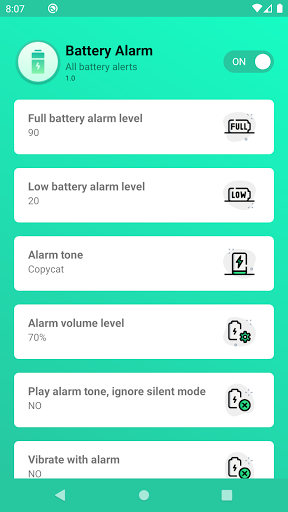 Battery full alarm - low alert - عکس برنامه موبایلی اندروید