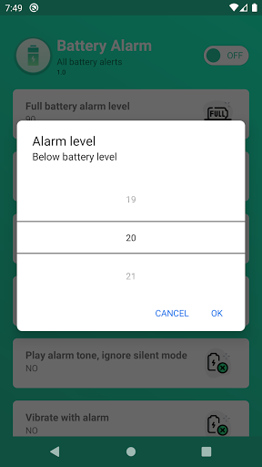 Battery full alarm - low alert - Image screenshot of android app
