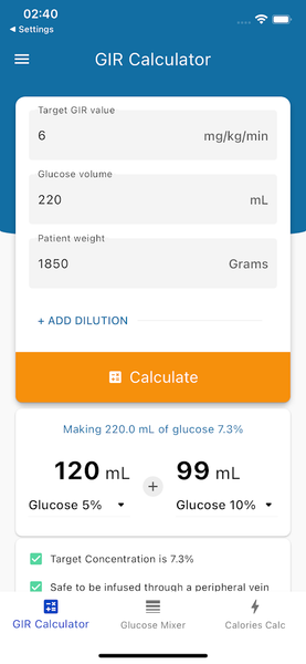 Dextrose Calc - GIR Calculator - Image screenshot of android app