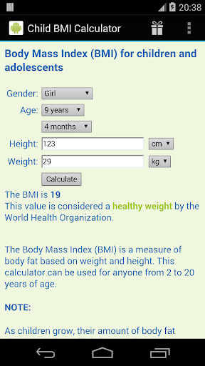 Child BMI Calculator -Body Mass Index for children - Image screenshot of android app