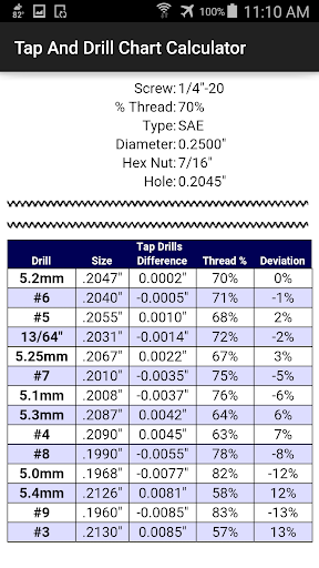 Tap And Drill Chart Calculator - Image screenshot of android app