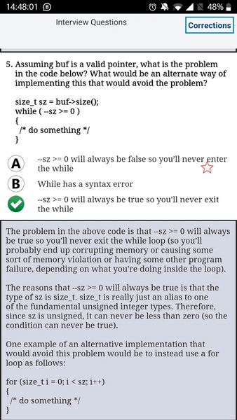 MCQ C ++ Training explanations - Image screenshot of android app