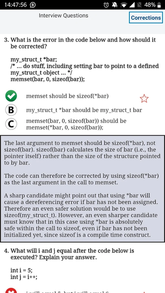 MCQ C ++ Training explanations - Image screenshot of android app