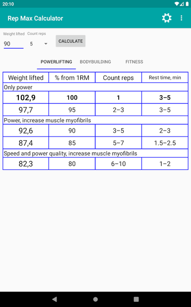 Rep Max Calculator - عکس برنامه موبایلی اندروید