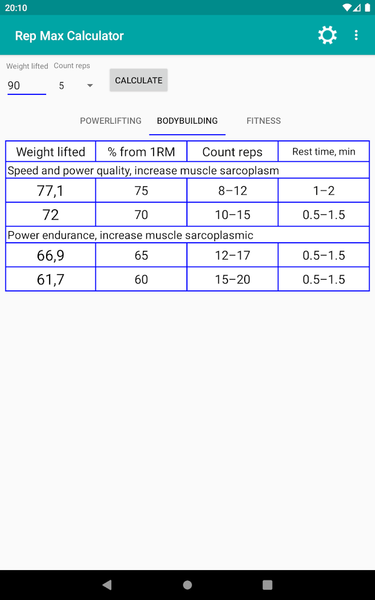 Rep Max Calculator - عکس برنامه موبایلی اندروید