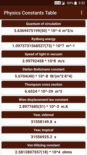 Physics Constants Table - Image screenshot of android app