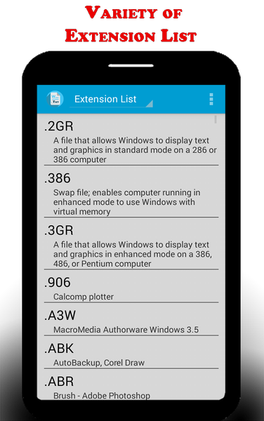File extensions - Image screenshot of android app