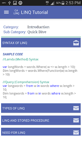 C# LINQ Tutorials - Image screenshot of android app