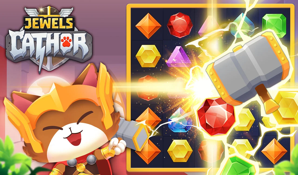 Jewels Thunder Cat Match 3: Lo - Gameplay image of android game