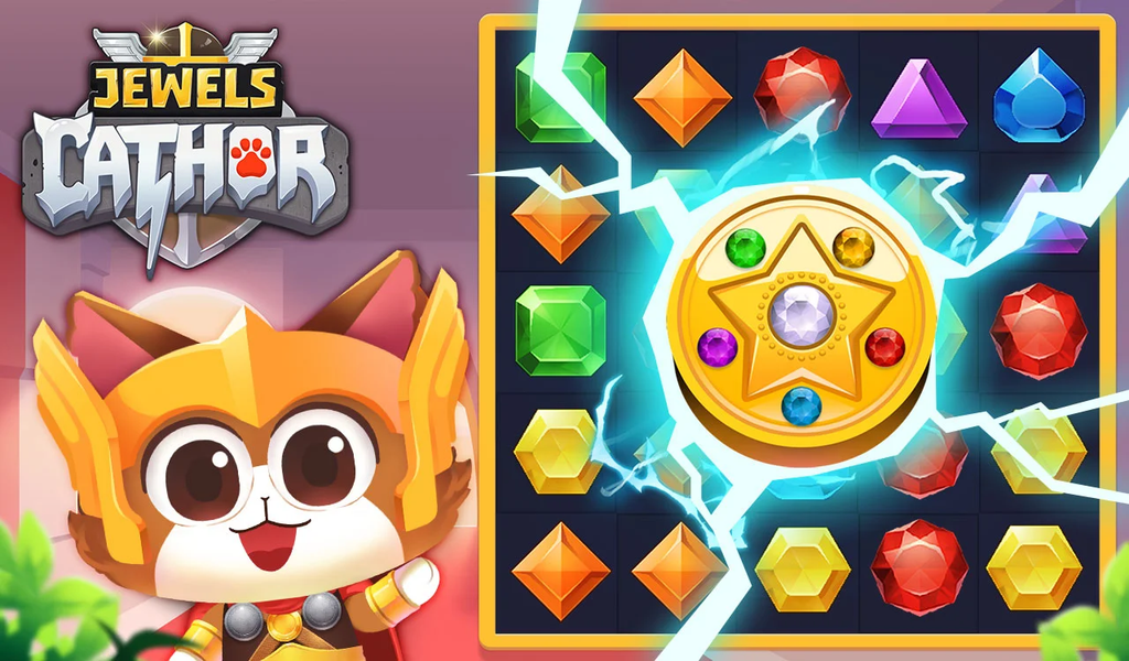 Jewels Thunder Cat Match 3: Lo - Gameplay image of android game