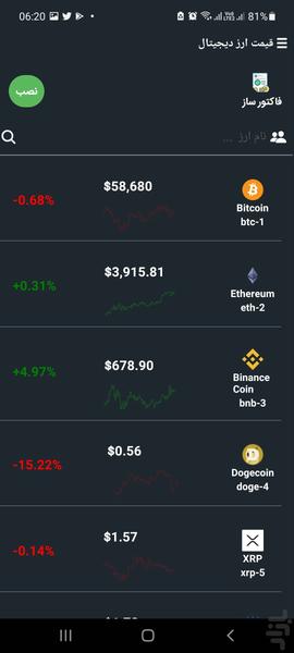 قیمت لحظه ای ارز های دیجیتال - عکس برنامه موبایلی اندروید
