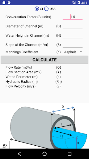 CIRCULAR WATER CHANNEL CALCULATION - Image screenshot of android app