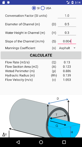CIRCULAR WATER CHANNEL CALCULATION - Image screenshot of android app