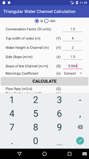 TRIANGULAR WATER CHANNEL CALCULATION - Image screenshot of android app
