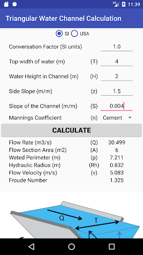 TRIANGULAR WATER CHANNEL CALCULATION - Image screenshot of android app