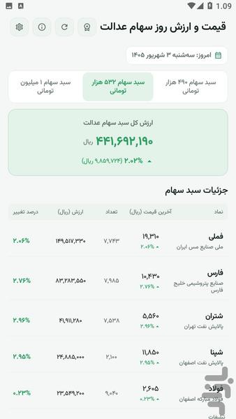 ارزش سهام عدالت امروز - عکس برنامه موبایلی اندروید