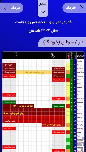 تقویم قمر در عقرب ۱۴۰۴ - عکس برنامه موبایلی اندروید