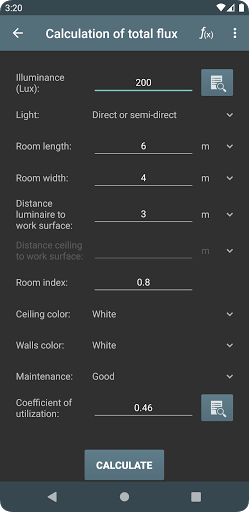 Lighting Calculations - Image screenshot of android app