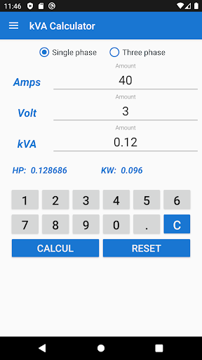 kVA (Single and Three Phase) - Image screenshot of android app