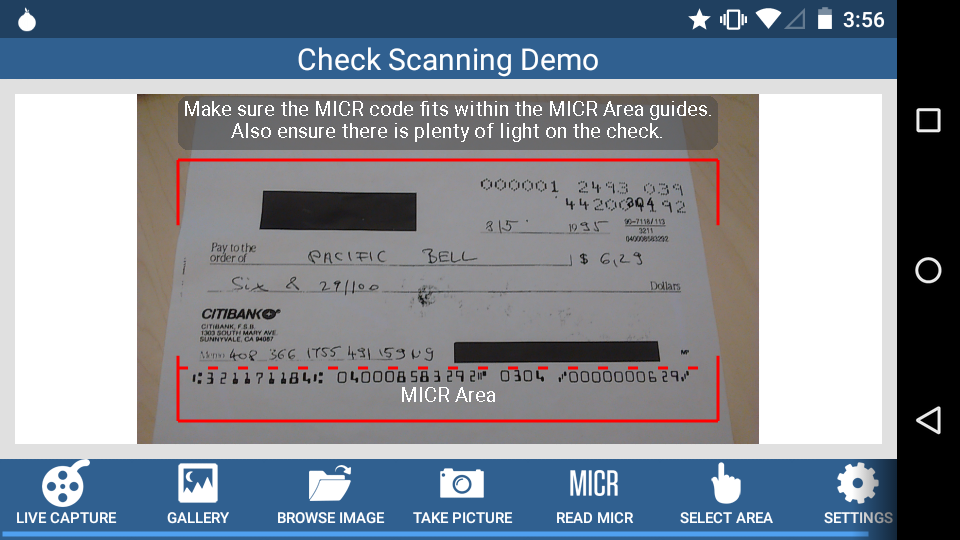 LEADTOOLS Check Scanning App - Image screenshot of android app