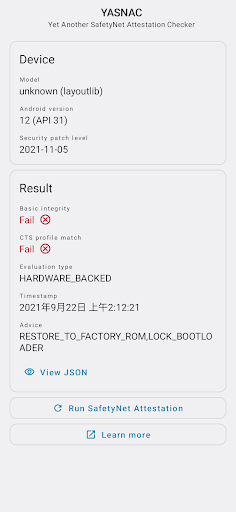 YASNAC - Yet Another SafetyNet Attestation Checker - Image screenshot of android app