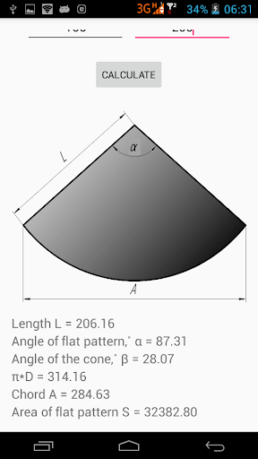 Flat pattern cone calculator - Image screenshot of android app